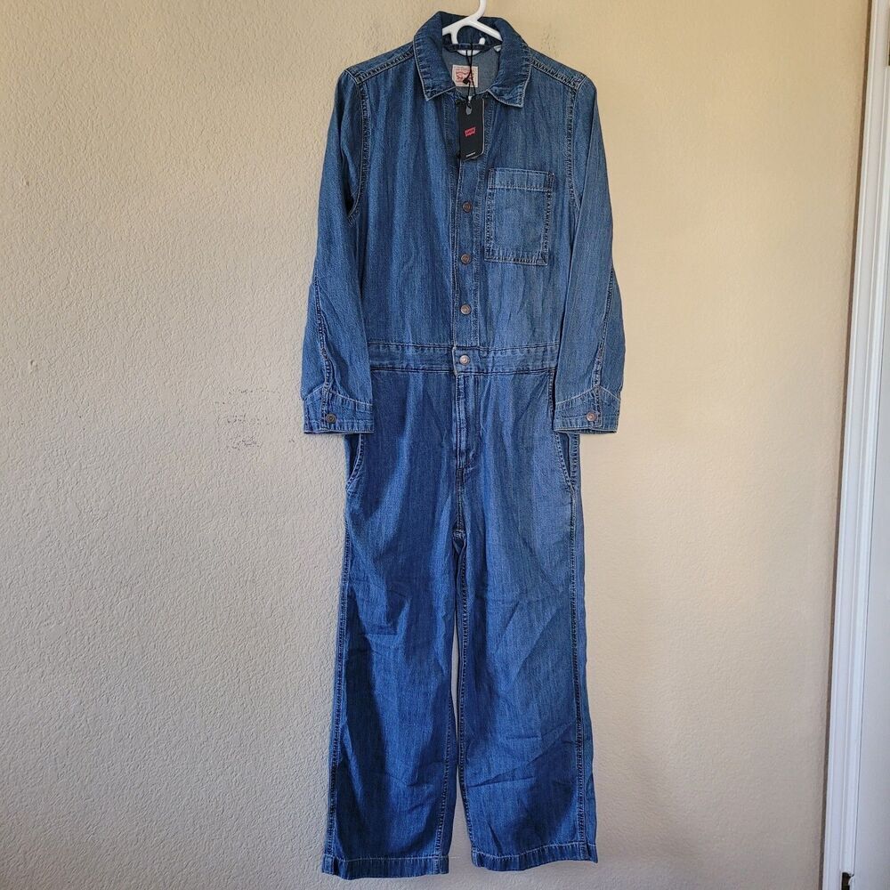 Levi's Denim Coveralls Womens Sz Xsmall Overall Blue Long Sleeve Snap Button Nwt